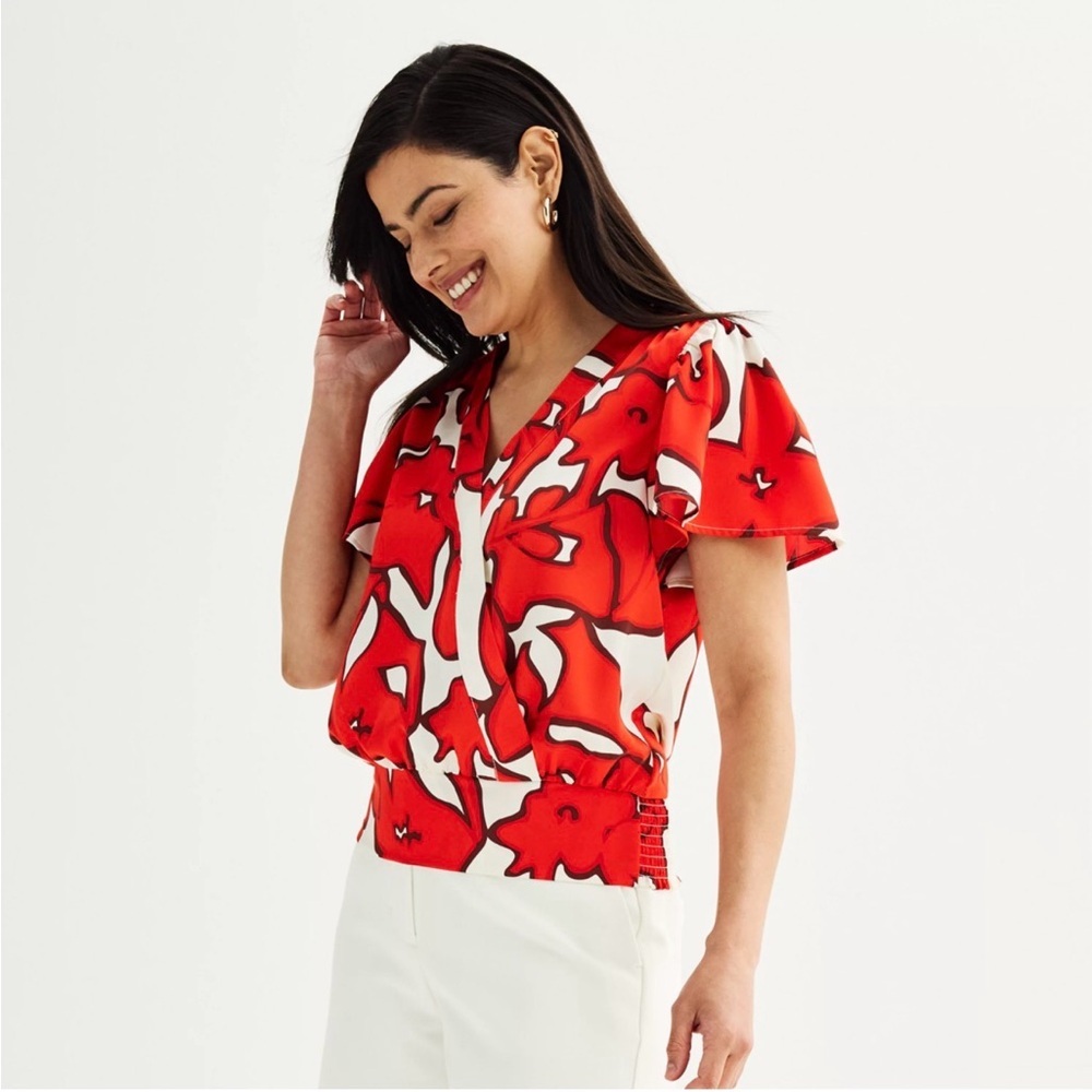 Floral Red V-Neck Flutter Sleeve Blouse